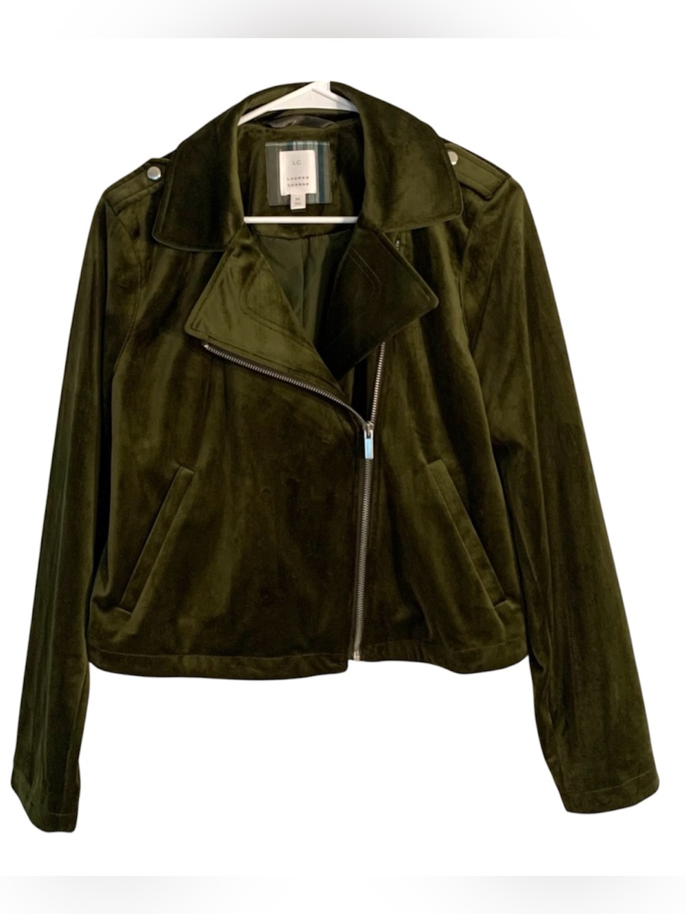 Lauren Conrad Olive Green Velvet Jacket Women's Sz M Zip Biker Lined Soft Y2K